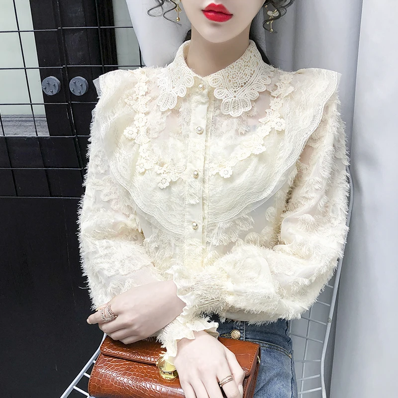 

Spring Autumn Women Sweet French Blouse Long Sleeve Shirt Palace Lolita Blouse Female Party British Shirt Fungus Lace Wedding