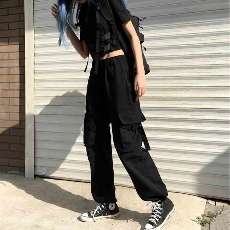 

QWEEK Hippie Women Cargo Pants Baggy Streetwear Pockets Black Wide Leg Oversized Gothic Elastic Waist Trousers Harajuku Kpop