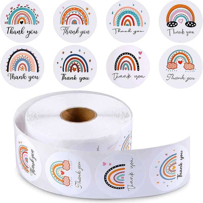 

500Pcs Rainbow Thank You Label Stickers Round Sticker Adhesive Business Label for Envelope Card Box Packing Decor Stickers