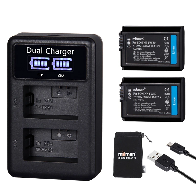 Mamen 2 шт. 2100 мА/ч NP-FW50 NP FW50 цифровой Камера Батарея ЖК-дисплей USB Dual Зарядное