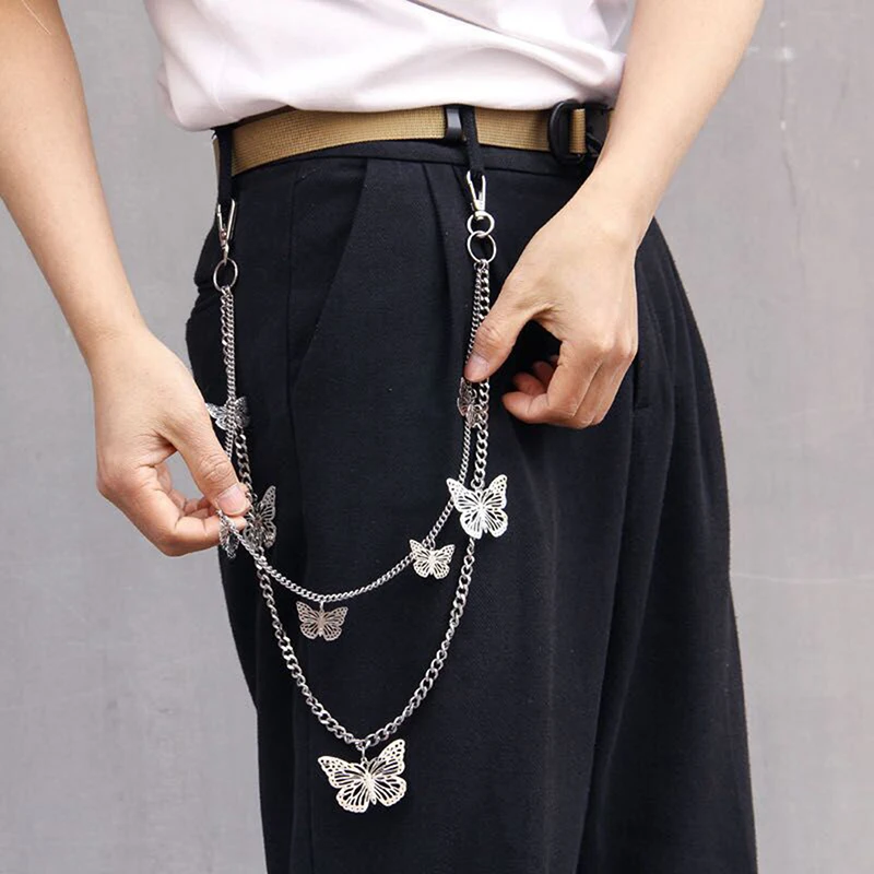 

Butterfly Biker Link Pants Belt Double Layers Trousers Punk Streetwear Wild Keychain Fashion Women Man Chain Unisex