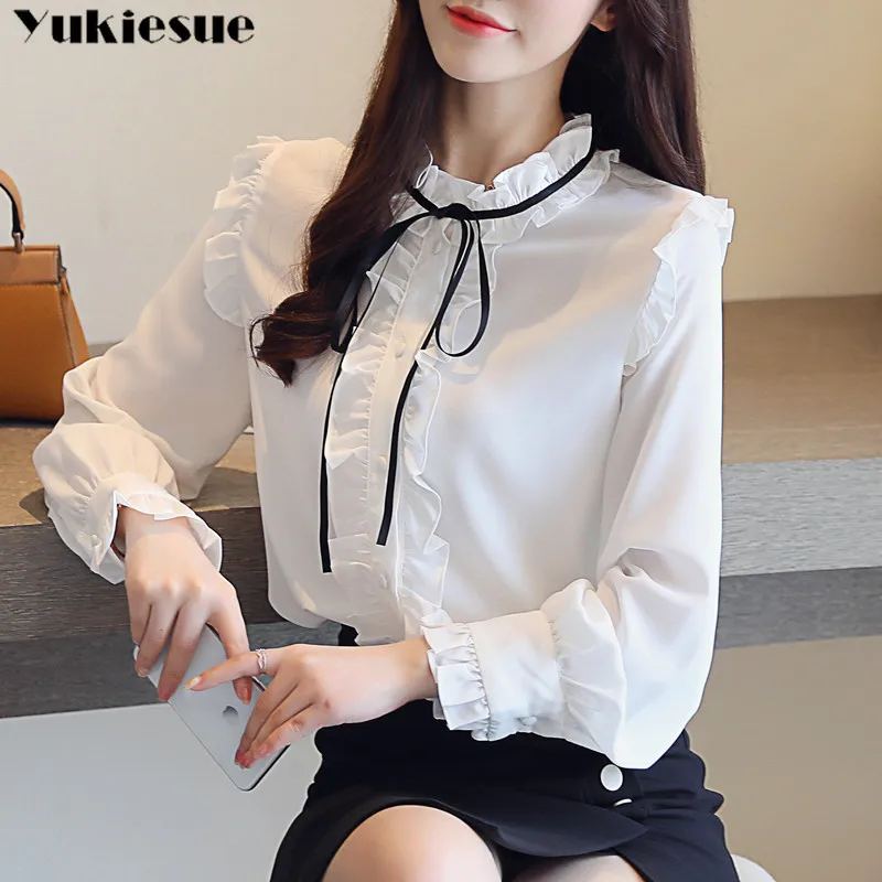 Женская теплая шифоновая блузка с длинным рукавом и бантом | одежда