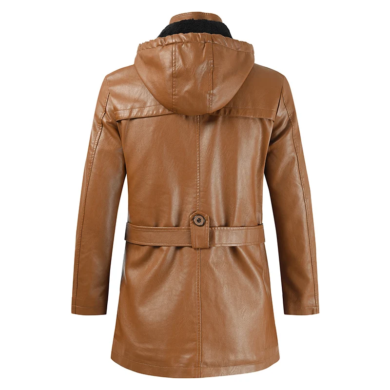 

Men's Winter Casual Fashion Leather Jacket PU Hooded Slim Fit Youth Mid-length Imitation Leather Leather Jacket Straight Hem