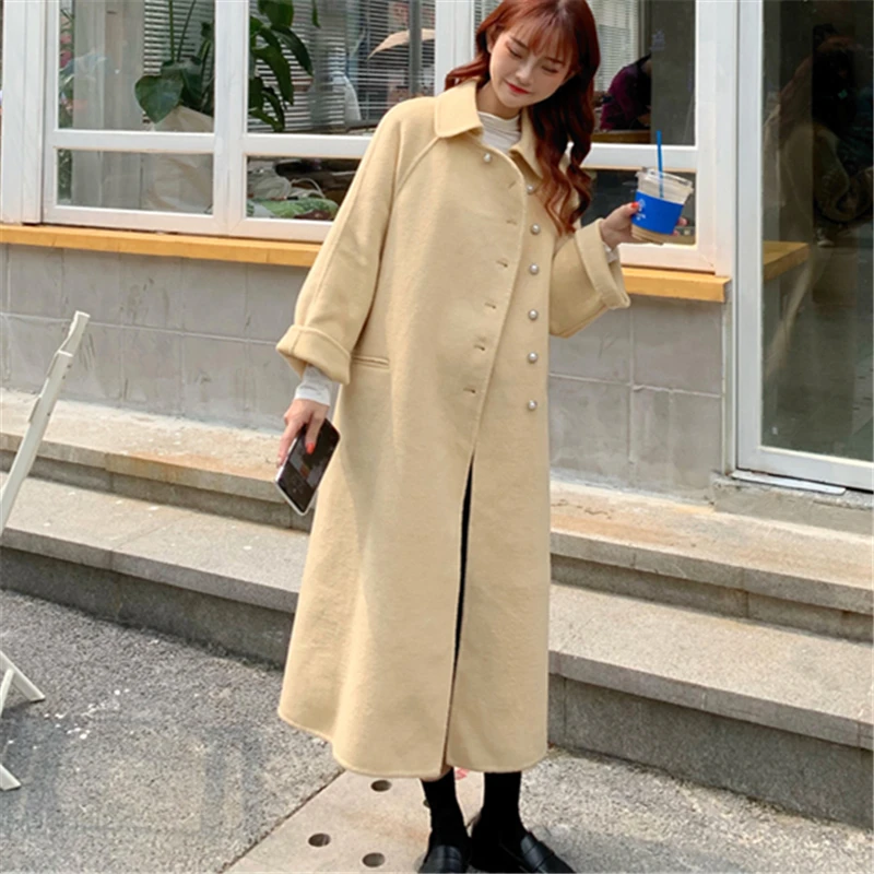 

2020 New High Quality Autumn Winter Wool Coat Women Korean Casual Long Loose Single-Breasted Warm Woolen Coat Female Elegant