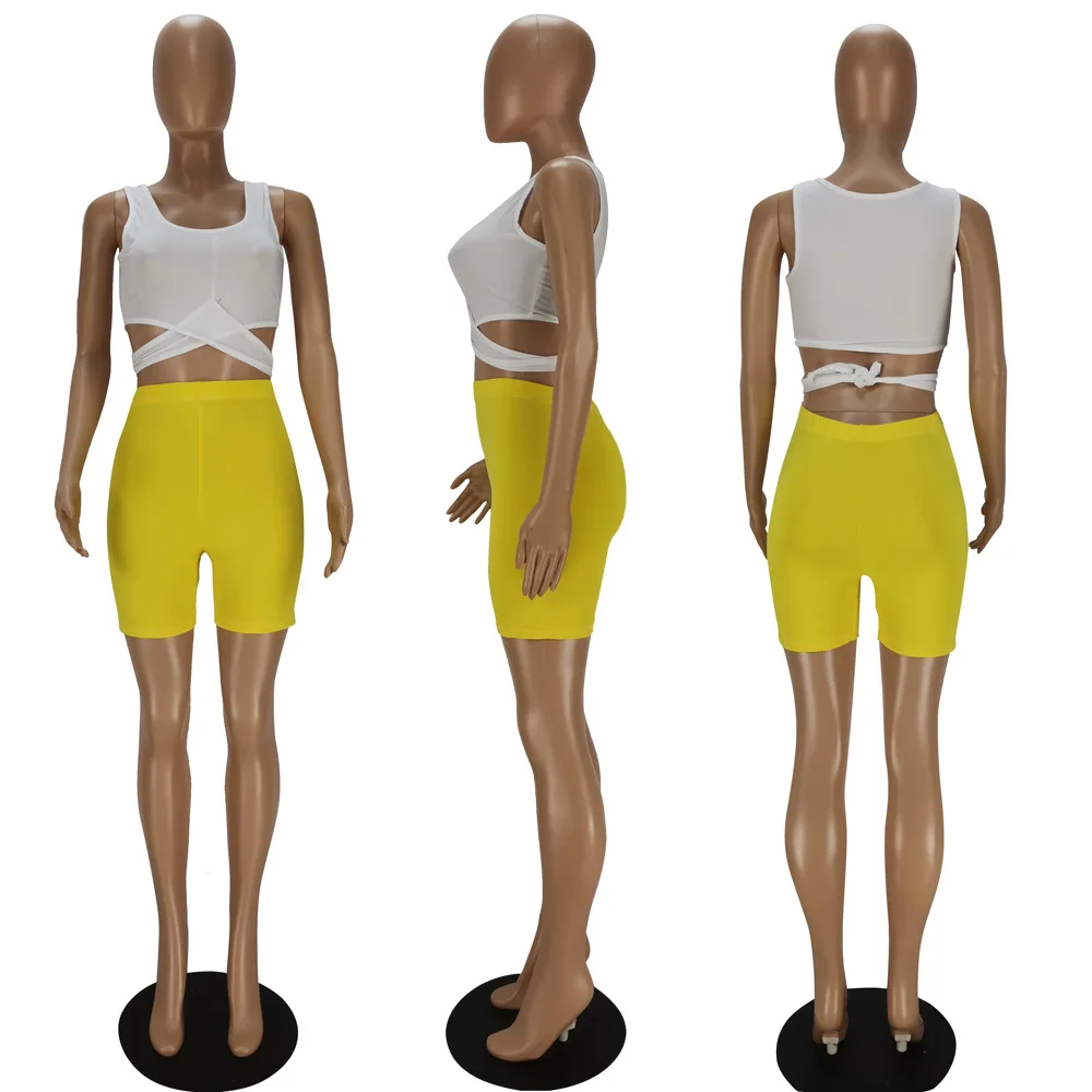 

Women Short Tracksuits 2021 Summer O-Neck Sleeveless Hollow Out T-Shirts High Waist Skinny Shorts Sports Contrast Colors Outfits