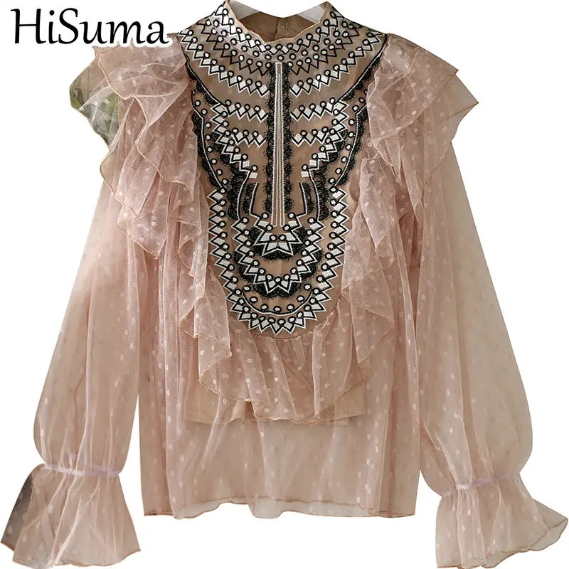 Женская кружевная блузка в горошек эластичная облегающая сетчатая с рукавами