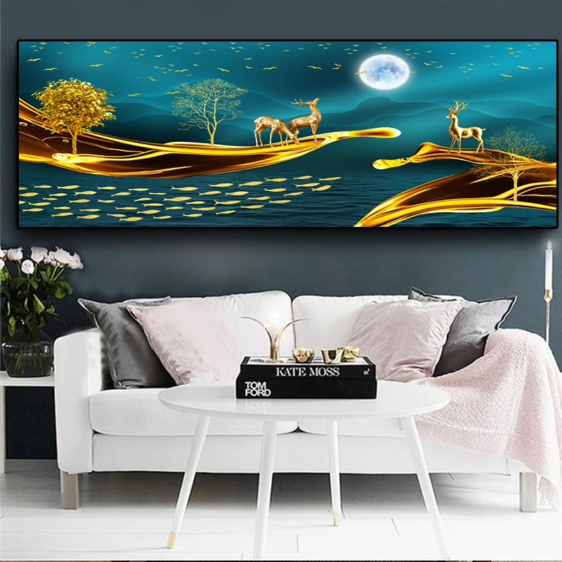 Абстрактный пейзаж с лунным светом и оленями на холсте, постер и печать произведения искусства для украшения гостиной (без рамки).