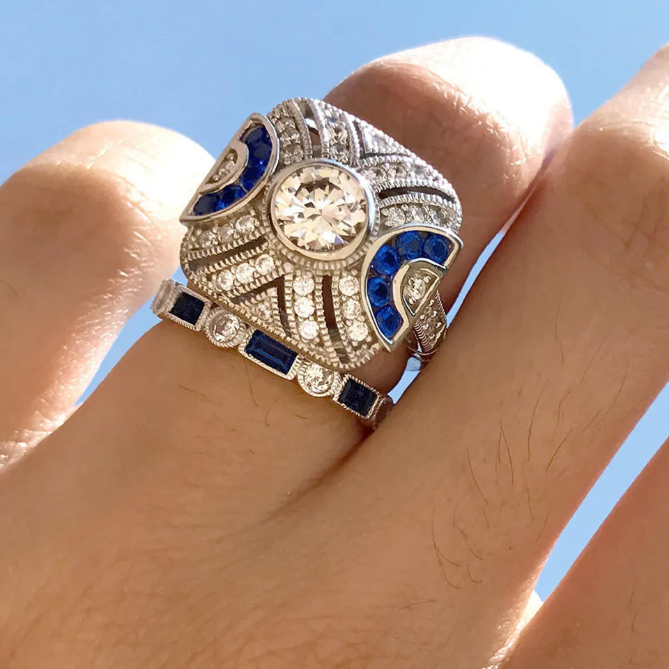 

Buyee 925 Sterling Silver Couples Ring Sets Blue Stone Square Stripe Fashion Luxury Ring for Women Wedding Engagement Jewerly