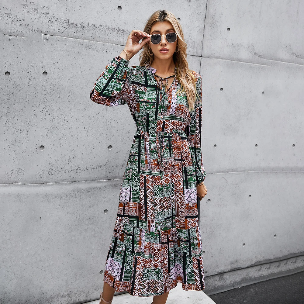 

Women Dress Autumn Spring Fashion Vintage Boho Print Casual Black Long Sleeve Drawstring Long Dresses Fall 2021 Women Clothing