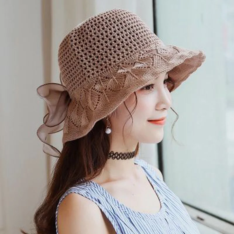 

Hot Summer Hoilday Floppy Hat Women Ladies Wide Brim Beach Foldable Bow Flower Knit Sun Hat Sun Cap One Size Wide