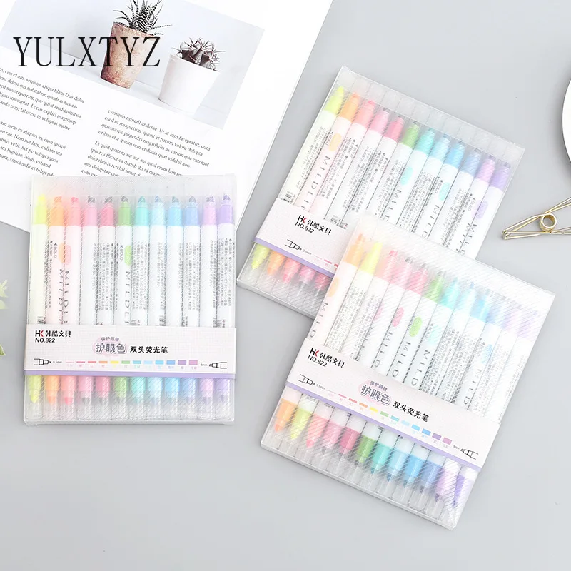 

12pcs/set Eyecare Double Head Highlighters 12 Colors Art Marker Pens for Graffiti Painting Watercolor Pen Kawaii Stationery