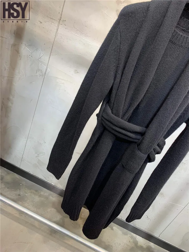 2019 Autumn Winter New Women Long Sleeve O-neck Scarf Decoration Black Loose Sweater Knit Dress | Женская одежда