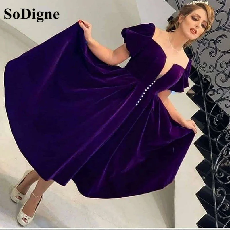 

SoDigne Purple Velvet Prom Dresses 2022 Sexy V Neck A line Evening Dress Short Sleeves Princess Party Gowns Tea Length