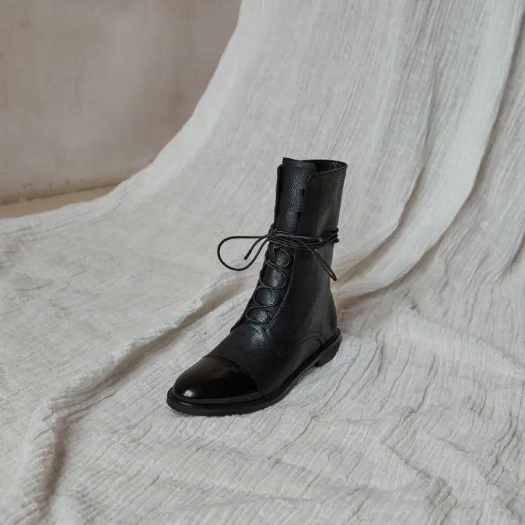 

MLJUESE 2020 women soft ankle boots cow leather round toe boots autumn spring lace up low heels women riding boots size 34-40