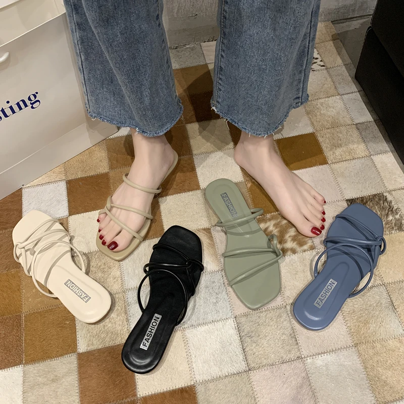 

Summer PU Leather Slippers Women Sandals Cross Flat Woman Flats Sweet Office Business Female Shoes Fashion Beach Slides Comfort