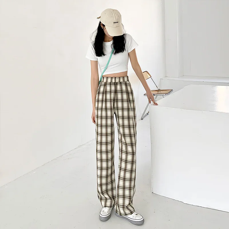 

2021 Women Plaid Pants Women Korean Style Checkered Pants Vintage Checked Trousers Casual Plaid Trousers Fashion Wide Grid Pants