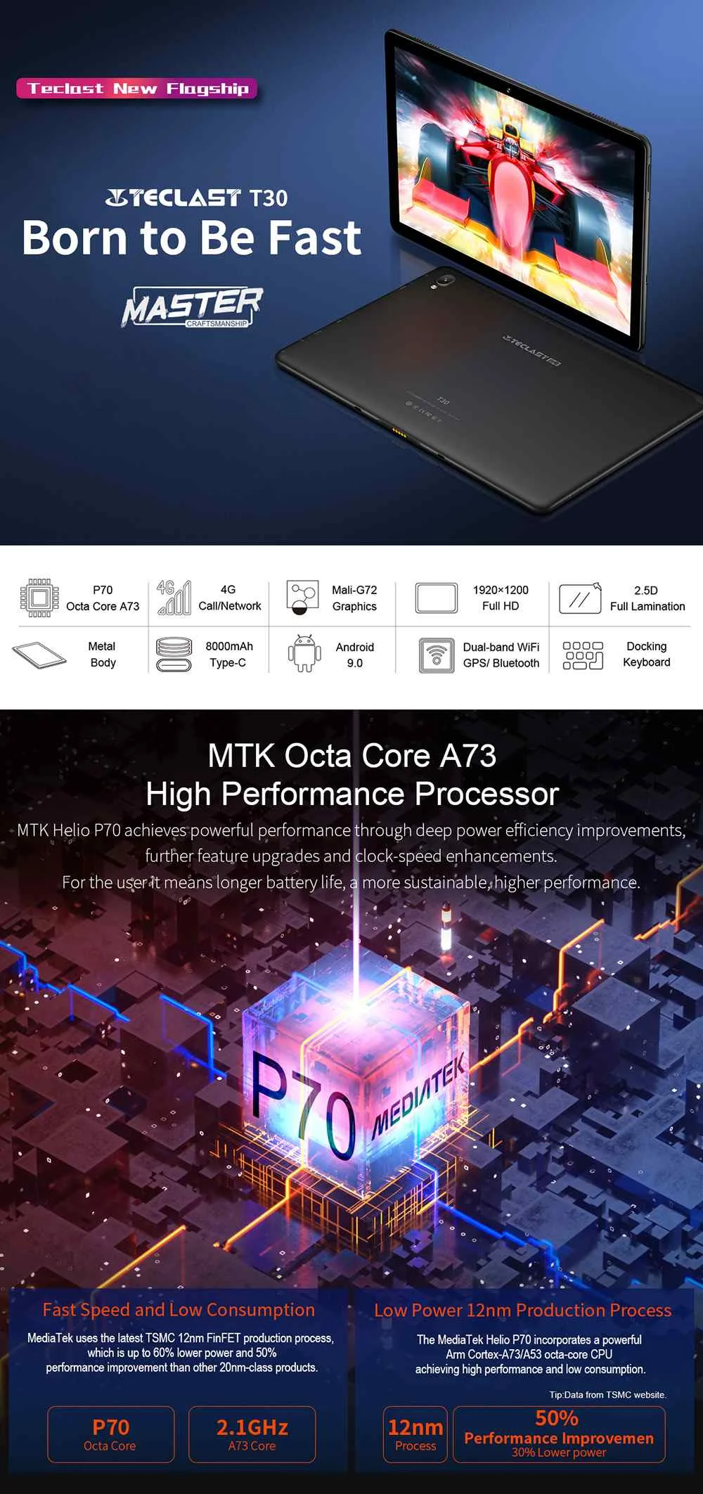 Teclast T30 10,1 дюймов 2.5D планшетный ПК 4 ГБ ОЗУ 64 Гб ПЗУ MTK Helio P70 4G Вызов двойной WiFi Восьмиядерный 1920*1200 ips Android 9,0