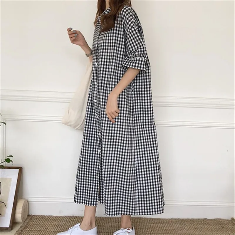

Cotton Linen Dress Korean Long Harajuku 2021 Spring Summer New Loose Short Sleeve Casual Plaid Shirt Dress