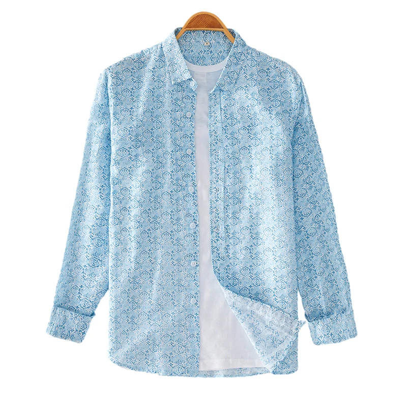 

Рубашка мужская с длинным рукавом и отложным воротником, модная сорочка из хлопка и льна в японском стиле ретро, повседневный Топ, лето