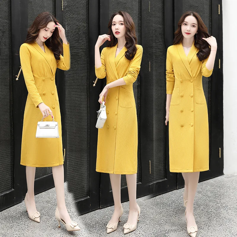 

Dresses Spring 2020 New Korean Temperament Waist Women's Dress Mid-length Double-breasted Suit Collar Professional Vestidos Z617
