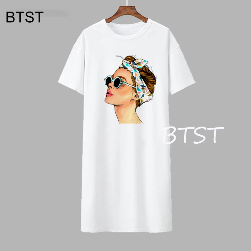 Женское летнее свободное платье-футболка с коротким рукавом и принтом | Женская