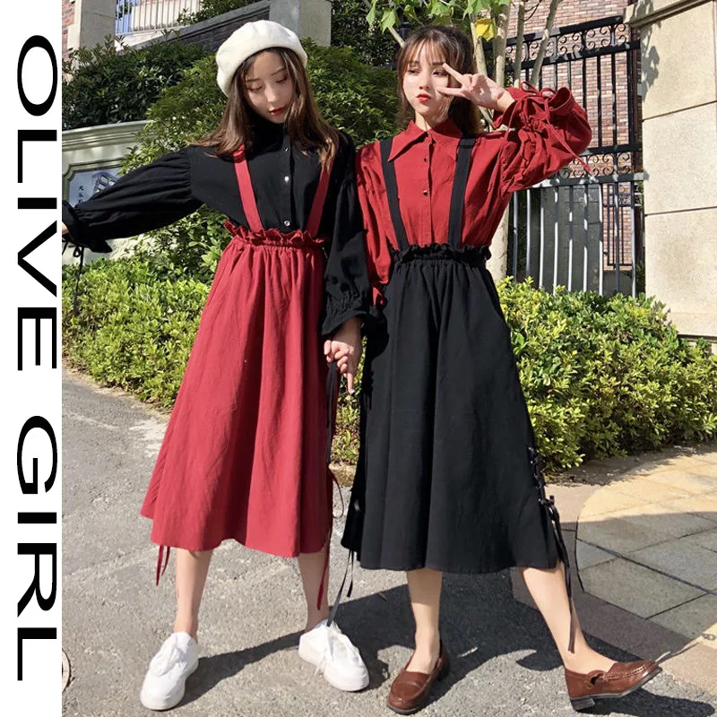 

2021 Fashion Casual Blouse Shirt+ Pleated A-Line Straps Dress Spring Summer Women Lantern Sleeve Single Button 2 Pieces Sets