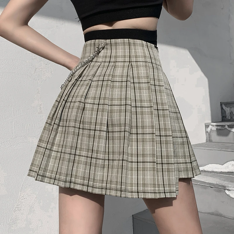 

LALUMAI Plaid skirts Women Skirt High waist plaid pleated skirt college style skirt, tooling waist chain a-line skirt, green
