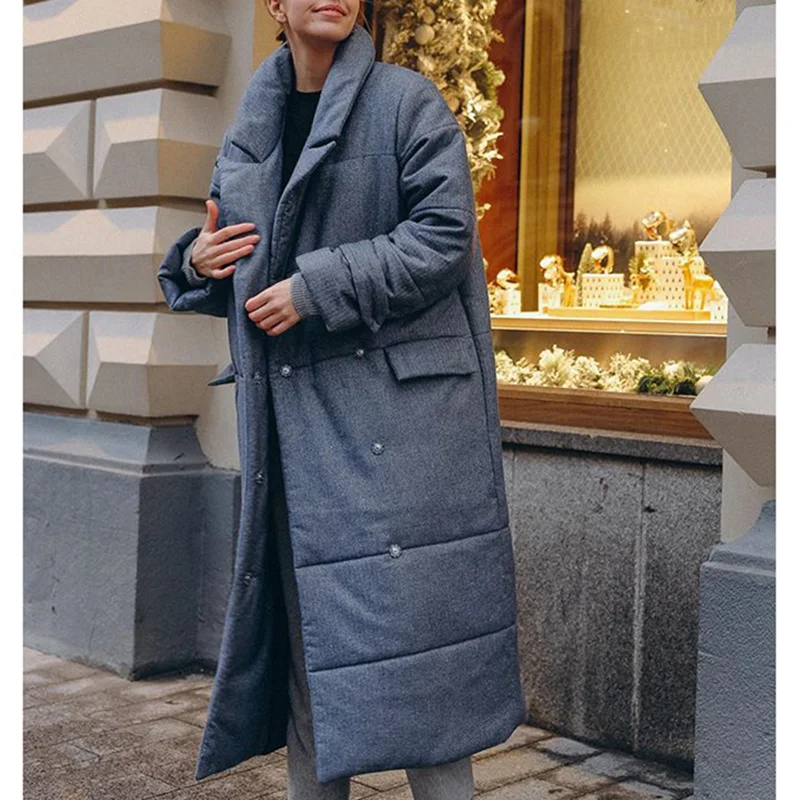Jeyzy Long Parkas Women Fashion Winter New Tie Belt Coats Women Elegant Solid Covered Button Cotton Jackets Female Ladies