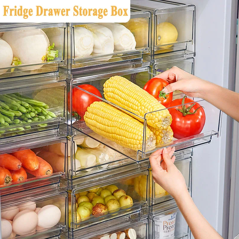 

Clear Refrigerator Organizer Stackable Drawer Storage Box Meat Food Container Vegetable Fruit Drain Sorting Box Crisper Freezing