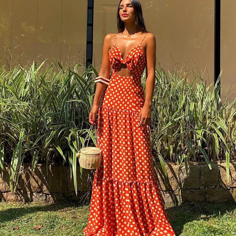 

Spring/Summer 2021 Women's Sexy Dress Print Backless, Sleeveless, V-neck Dress with a Slap-Neck, Casual, Floor-length Dress