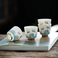 hmlove 4pcs mutton fat jade tea cups white porcelain chinese kung fu trace gold teawear set portable travel crane ceremony 60ml