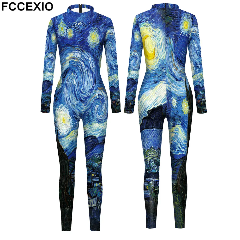 

FCCEXIO Women's Tight Jumpsuits Van Gogh Star and Moon Night Paintings Cosplay Costumes Long Sleeve Catsuits Fashion Bodysuits