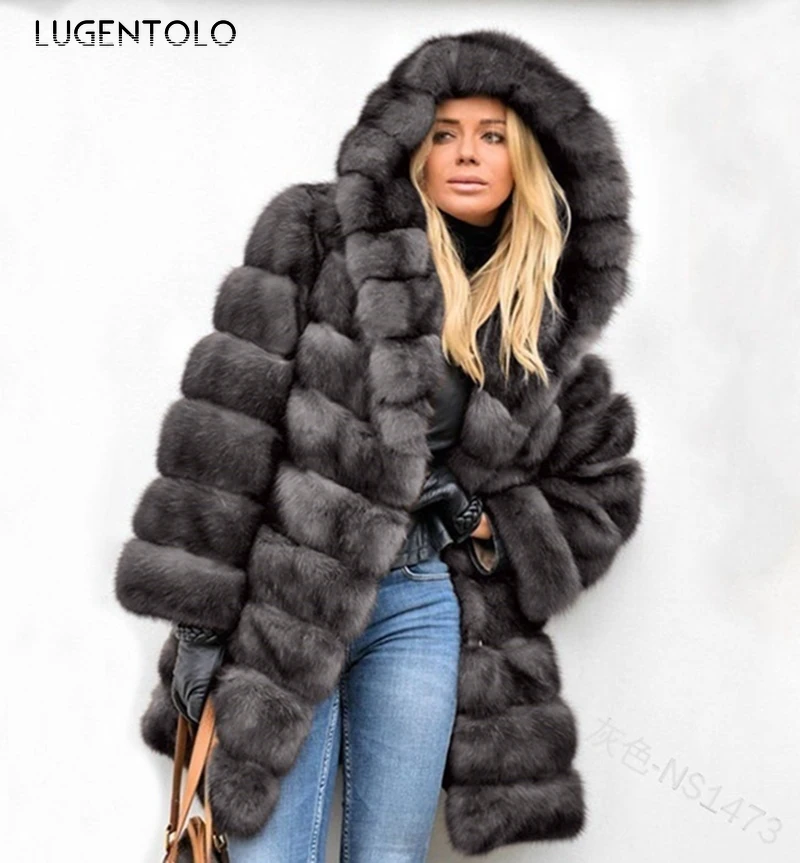 

Women Faux Fur Coat Winter Warm New Fashion Jacket Feamle Hooded Solid Loose Fluffy Casual Coats Faux Fur 5XL Lugentolo