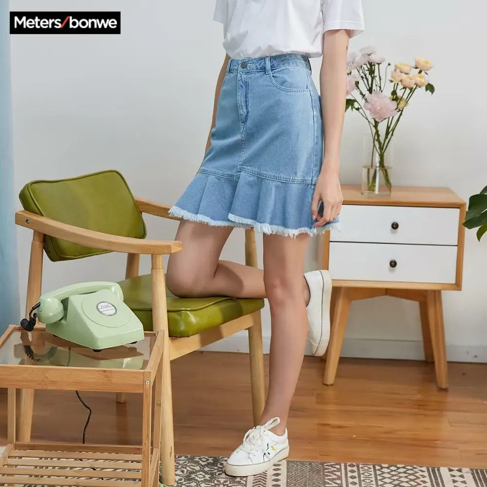 Женская джинсовая юбка с высокой талией MetersBonwe трапециевидная мини-юбка бахромой