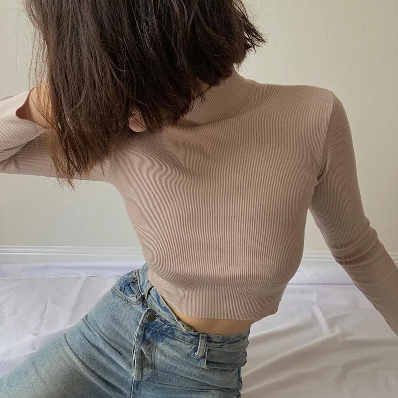 

Woman Winter Autumn Basic Tops Turtle Neck Slim Cropped T shirts Solid Blue Grey Black Khaki 4 Color Ladies Long Sleeve Tees