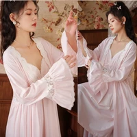 elegant long gowns robes sets vintage palace style sleepwears ladies v neck nightgowns cotton bathrobe lolita 2 piece nightdress