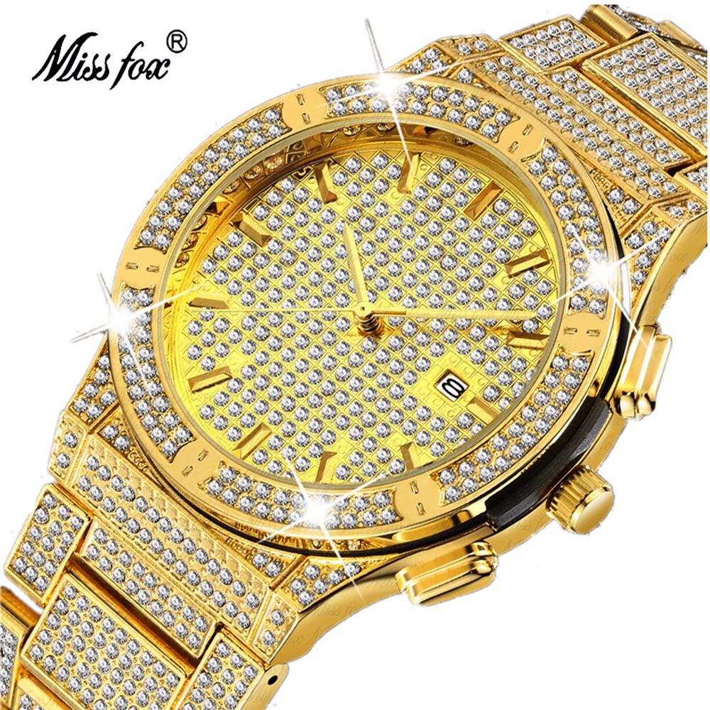 

Miss Fox Luxury Gold Diamond Quartz Watch Man Classic Stainless Steel Rhinestone Waterproof Wristwatch Relogio Feminino V295
