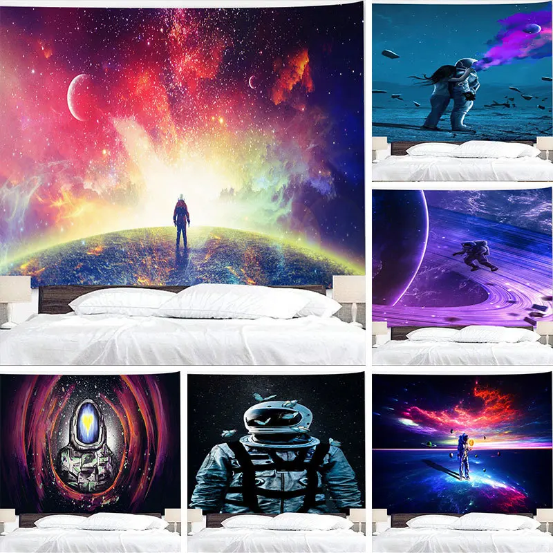 

Universe Starry Sky Tapestry Astronaut wall cover Digital Print Nordic boho house decor Background Cloth Mural Beach Cushion