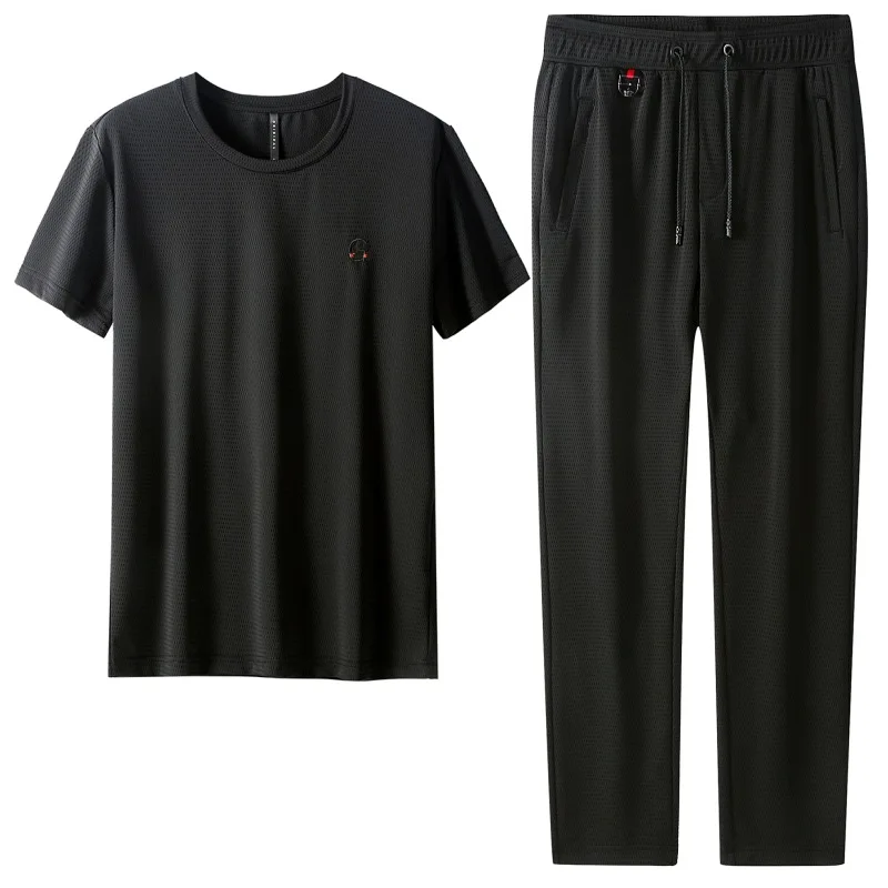 

Ice mesh short sleeve T-shirt suit men's summer new middle-aged and young thin round neck sleeve casual suit 8906