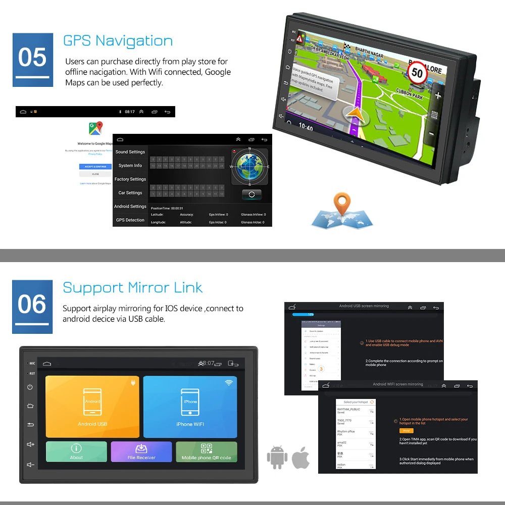 

AMPrime Andriod Autoradio GPS Navigation 2DIN Car Multimedia Player WiFi USB FM 2 Din 7" Car Audio Radio Stereo Backup Monitor