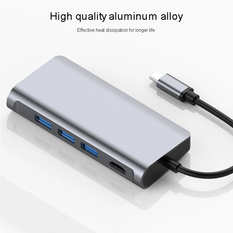 

8 in 1 USB Hub to Type C Data Hub with 8-Port 3 USB 3.0 + 4K HDMI + Micro-SD + SD + Type C PD +RJ45 Gigabit Ethernet Ports