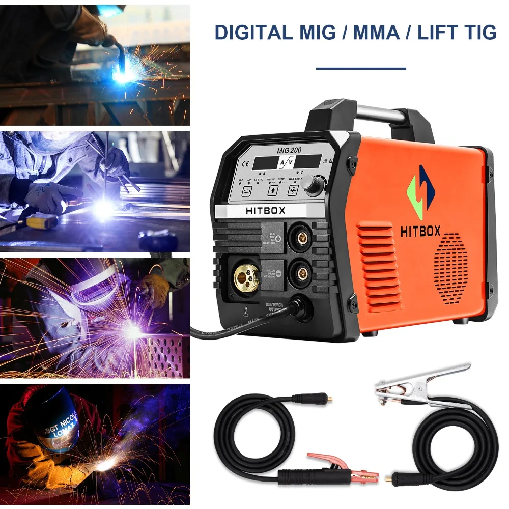 HITBOX 220V Mig сварочный аппарат, газ, без газа, сварочный аппарат MIG200 MIG TIG ARC MMA, нержавеющая сталь, углеродистая сталь, твердый/флюсовый сердечник, сварка