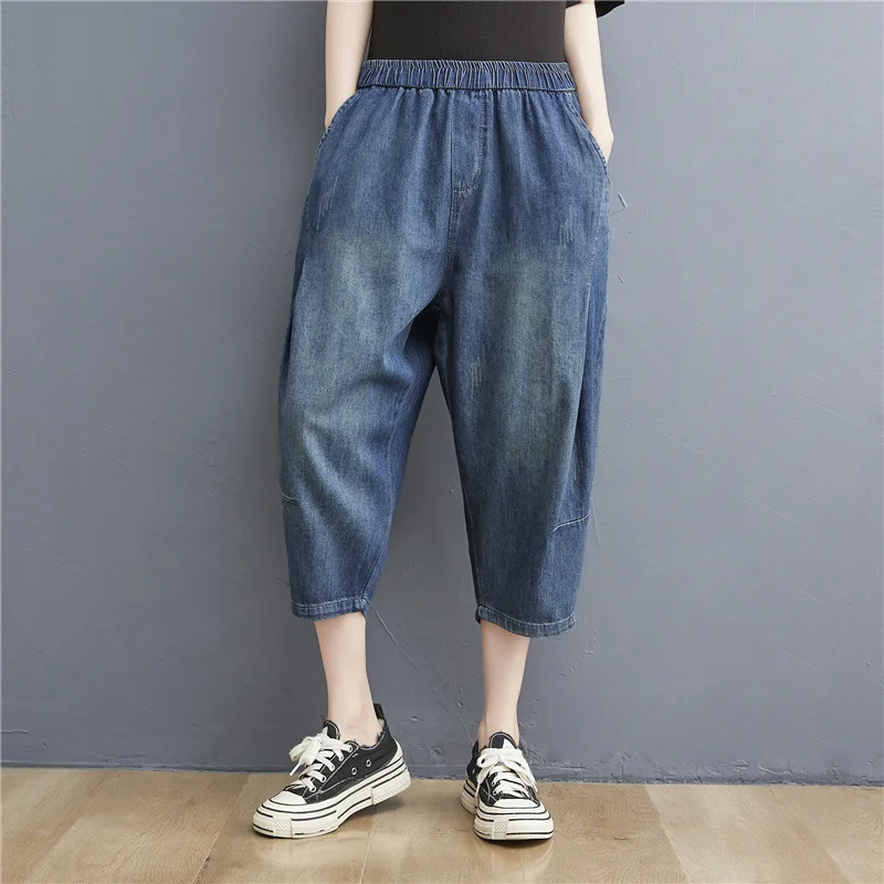 

Повседневные брюки, стильные джинсы, облегающие свободные брюки, свободные летние укороченные брюки с толстой ластовицей