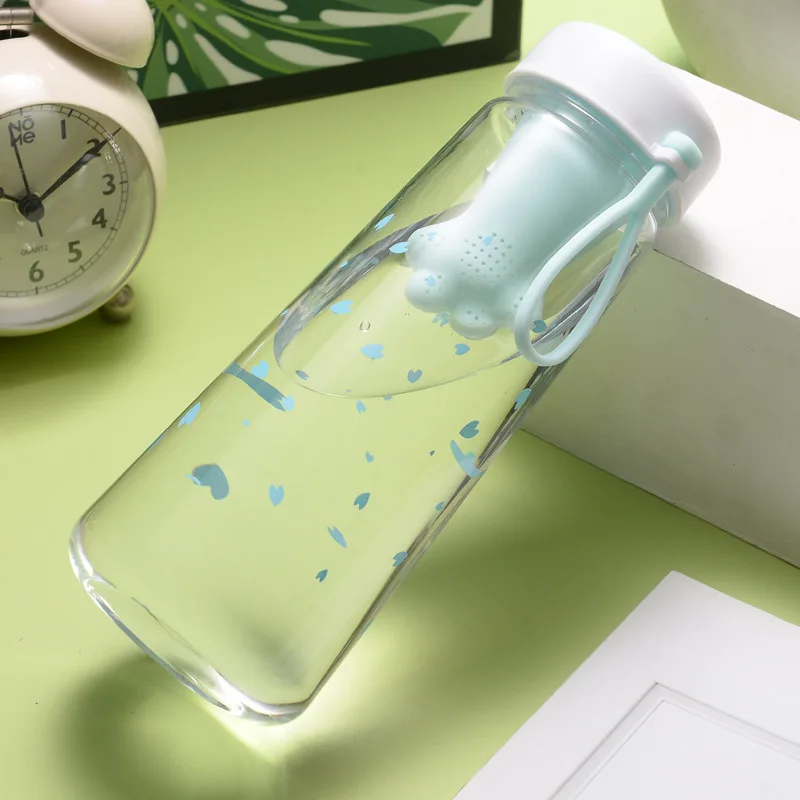 

550ML Creative Cute Cat Claws With Tea Filter Plastic Cup Kawaii Cherry Blossoms Portable Leakproof Sports Water Bottle for Girl