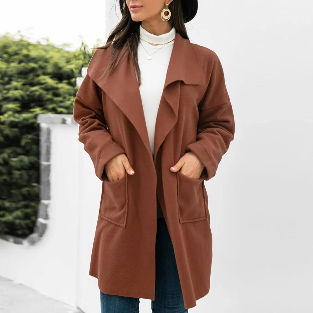 

2021 New Fashion Casual Autumn And Winter Women's Solid Color Woolen Long Coat Overcoat