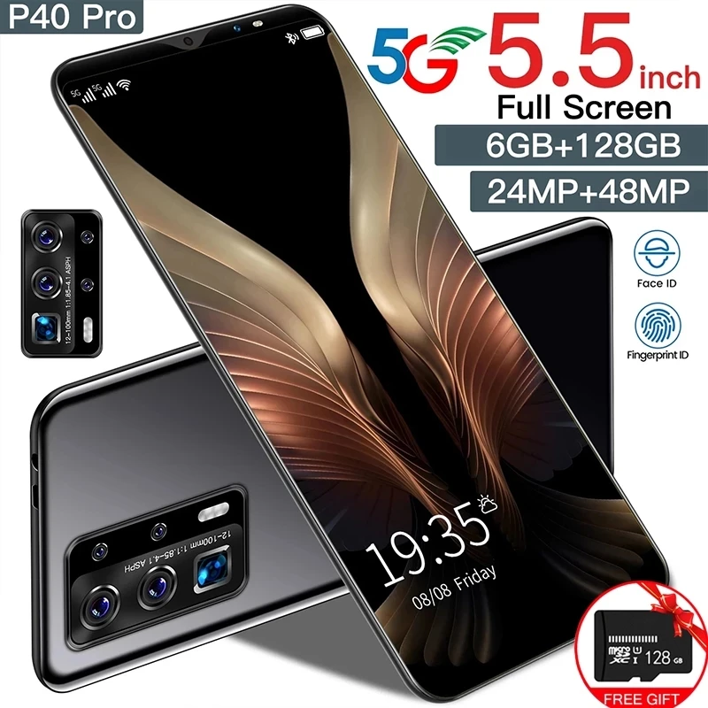 

Galxy P40 Pro 5G Smartphone 5.5 Inch Screen Android 10.0 Cellphone 24+48MP 10 Core Unlock Mobilephone 4800mAh Battery Face ID