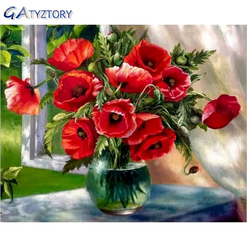 

GATYZTORY Paint By Numbers For Adults Red Flower Gift Figure Painting Kits Modern Home Wall Decoration