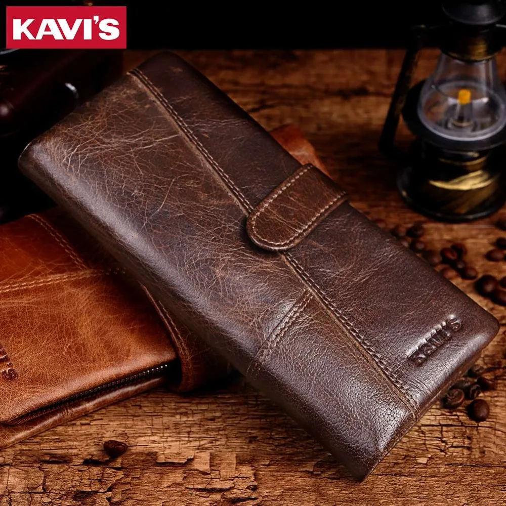 KAVIS Luxury Brand 100% Genuine Cowhide Leather Portomonee Vintage Walet Male Wallet Men Long Clutch with Coin Purse Pocket Rfid | Багаж и