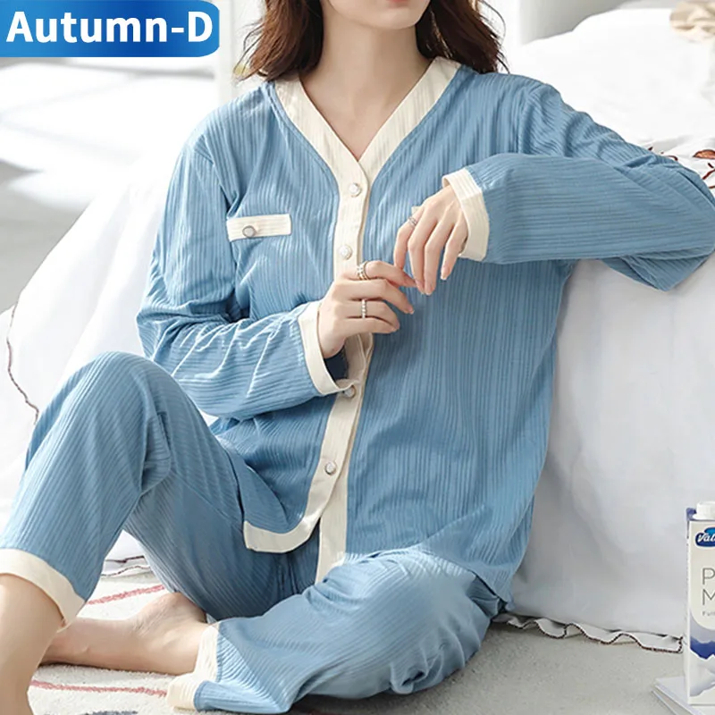 

Cotton Sleepwear Women Pajama Sets Large Size Nightgowns Trouser Suit Female Pijama Blue Night Wear Loose Nightgown Home Clothes