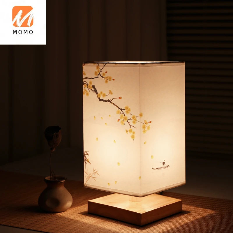 

New Chinese Retro Minimalist Creative Square Wood Small Night Lamp Japanese Bedroom Cozy Bedside Decorations Table Lamp